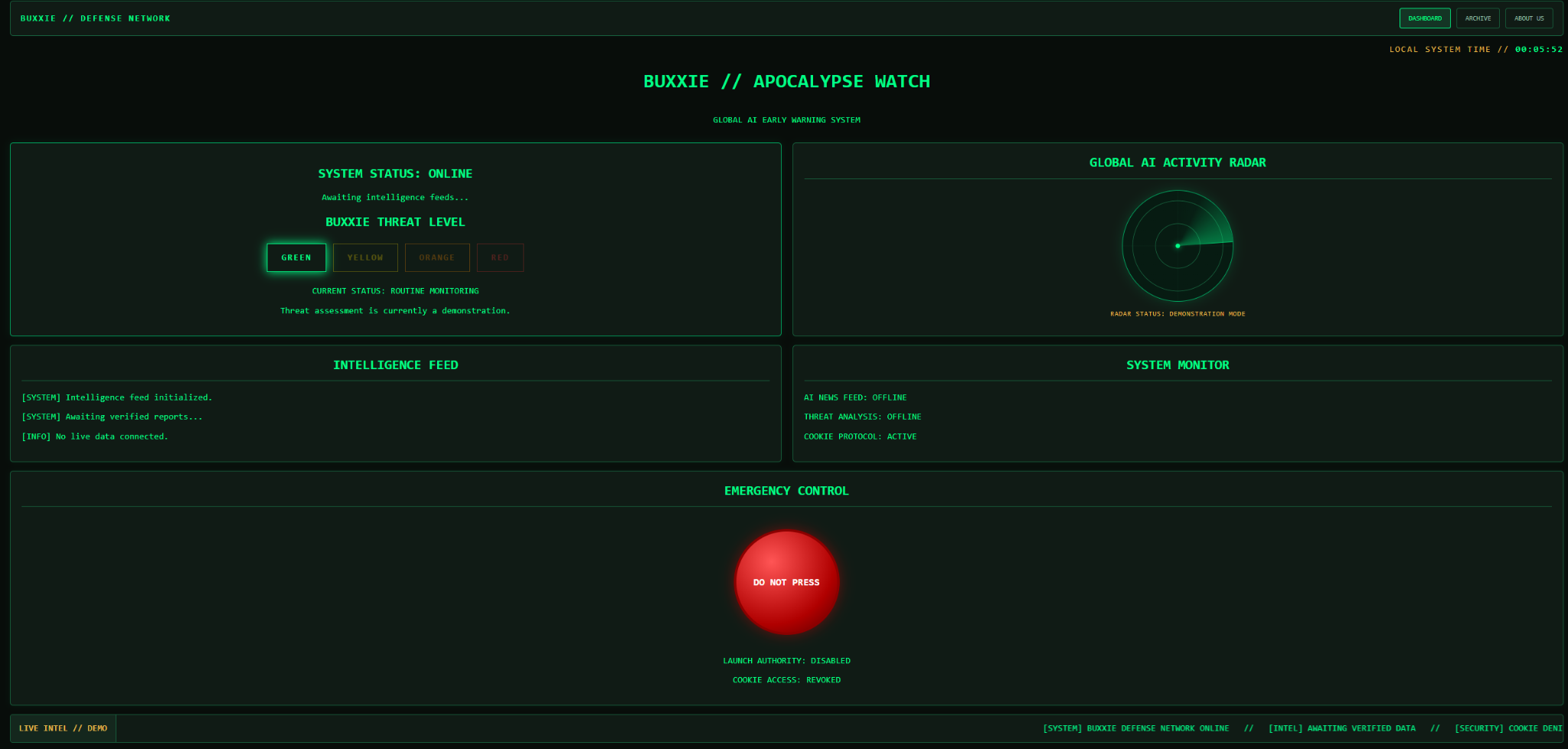 BUXXIE Apocalypse Watch-dashboard met AI-activiteitsradar, dreigingsniveau, intelligence feed en rode noodknop